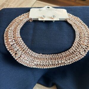 Rose Gold Tone Cleopatra Style Necklace with Stud Earings